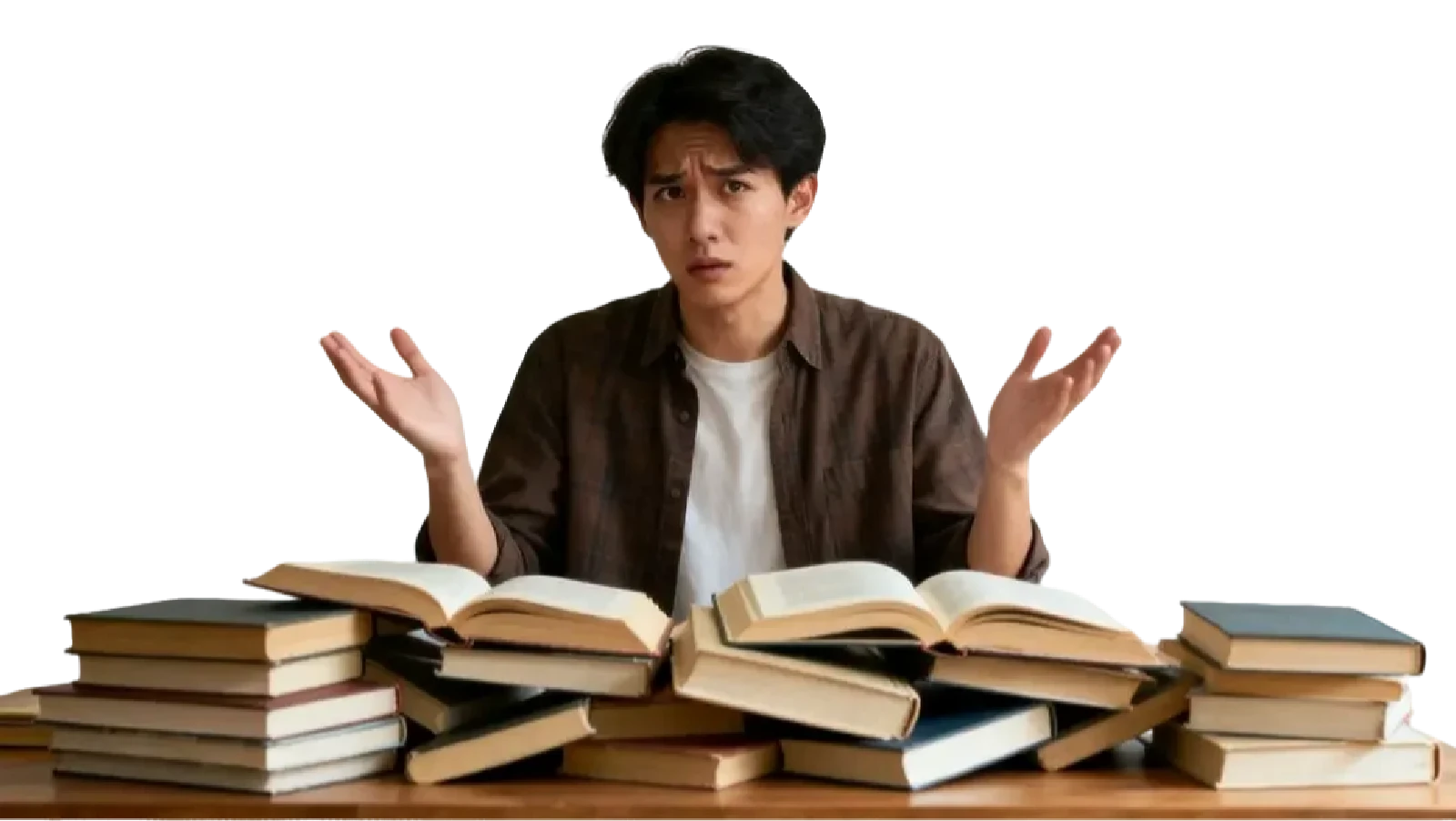 Person confused with books